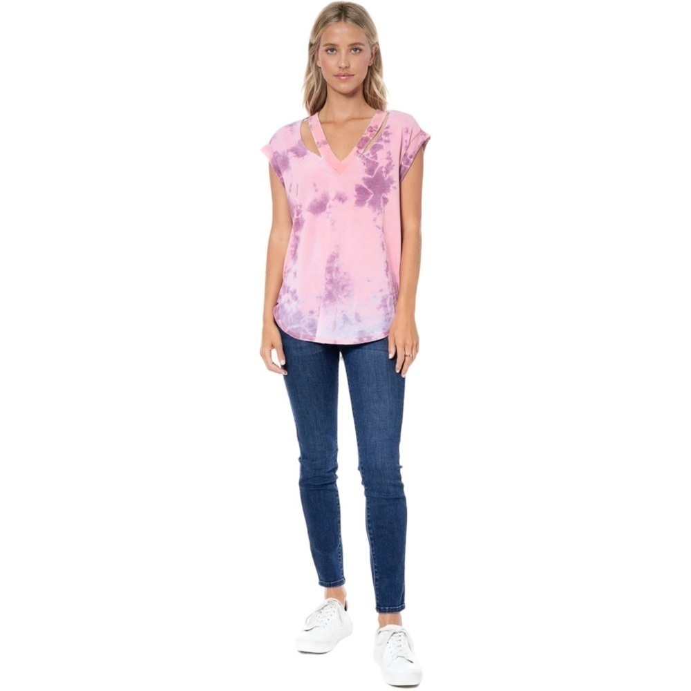 𝅺Maronie Shirt Womens Large Tie Dye V-neck Distressed Tee Cutout Neckline - Picture 2 of 9
